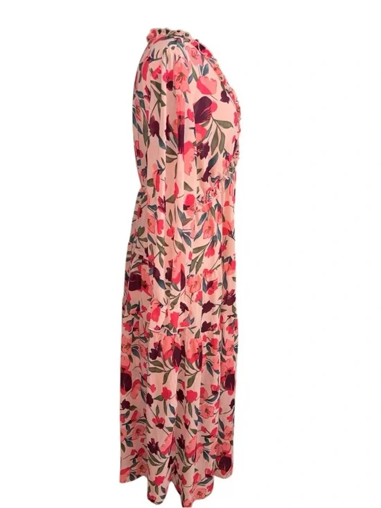 NWOT Floral Ruffle V-Neck Peach Maxi Dress, P2P:22”, L:53” - Picture 5 of 11